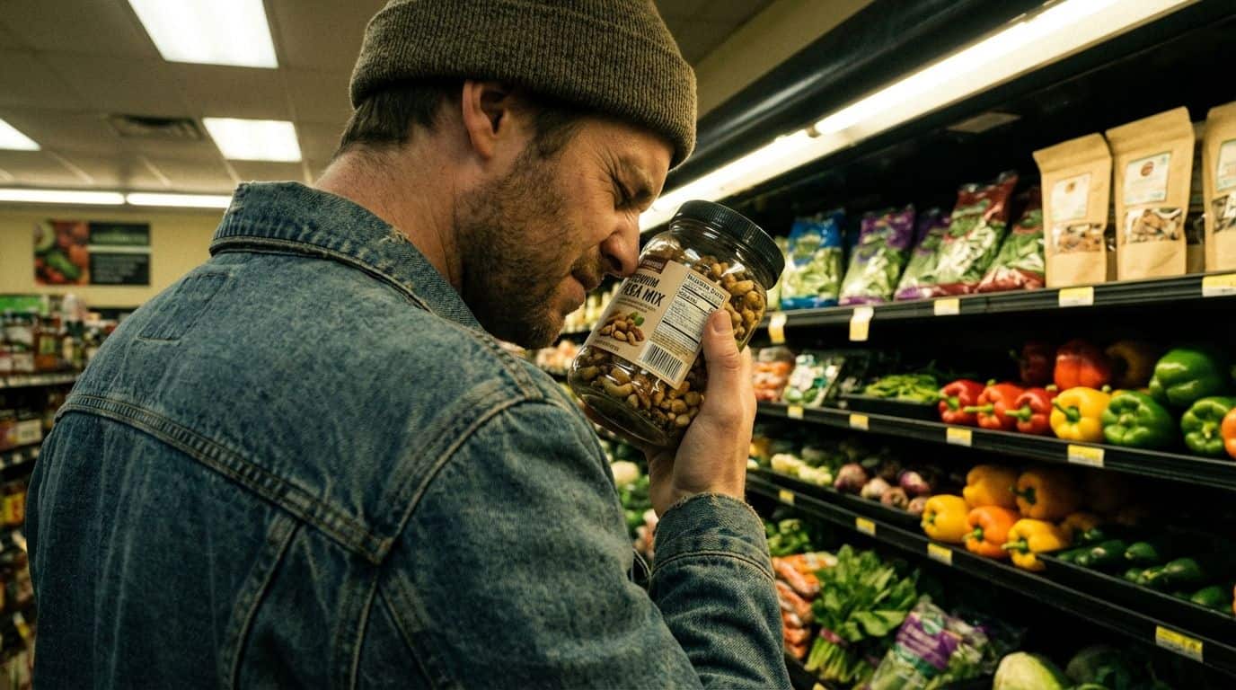 A man in casual denim jacket and beanie examining a jar of mixed nuts in a grocery store aisle filled with colorful fresh vegetables.