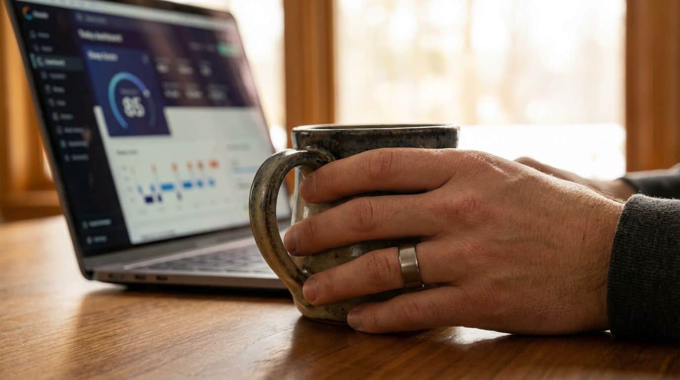 Relaxed workspace with laptop and coffee mug.