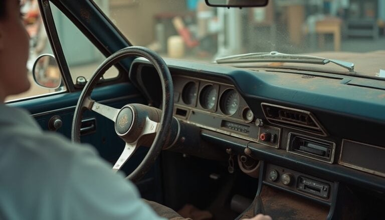 Vintage car dashboard with steering wheel, controls, and gauges, highlighting retro automobile design for classic car enthusiasts and automotive history.