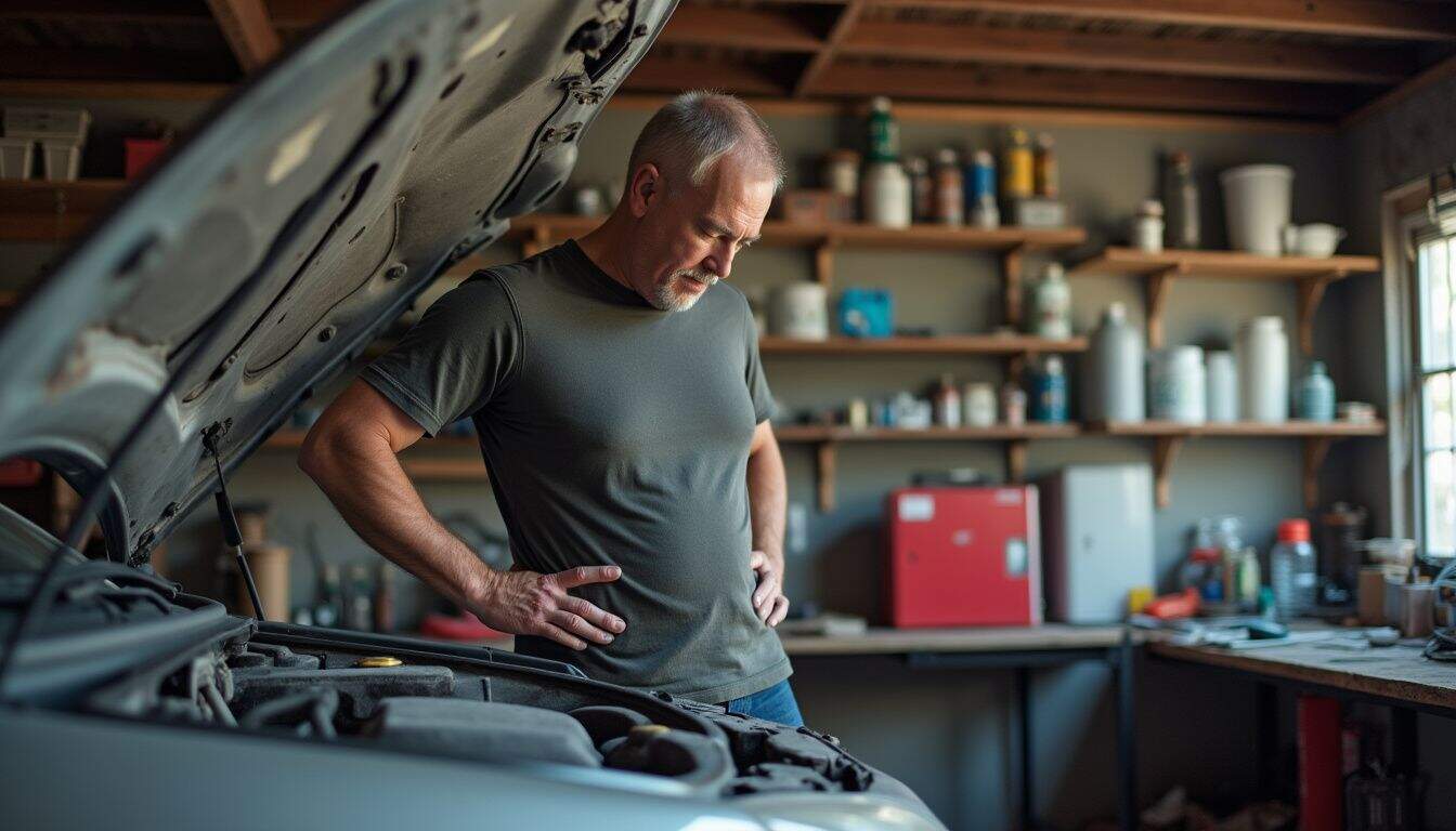 A man in his 40s performs routine maintenance on a car in a cluttered garage. Man inspecting car engine in workshop.