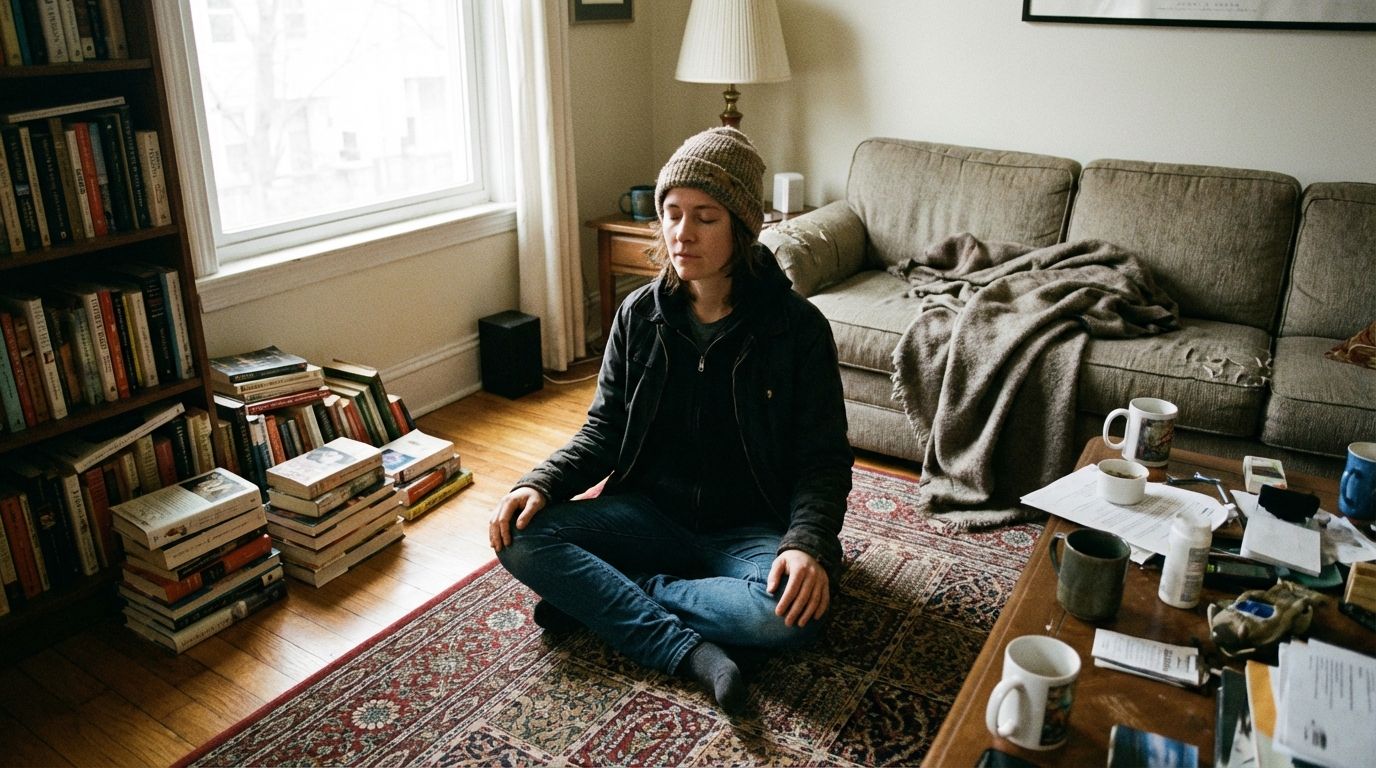 A person meditating in a lived-in, slightly messy living room.