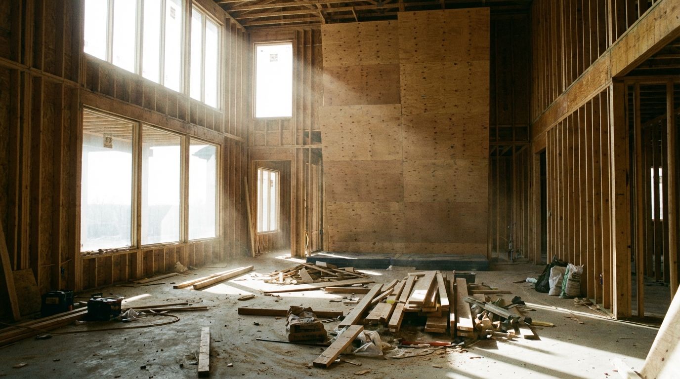 The interior of an unfinished luxury home showing exposed beams and a plywood climbing wall structure. The interior of an unfinished luxury home showing exposed beams and a plywood climbing wall structure.