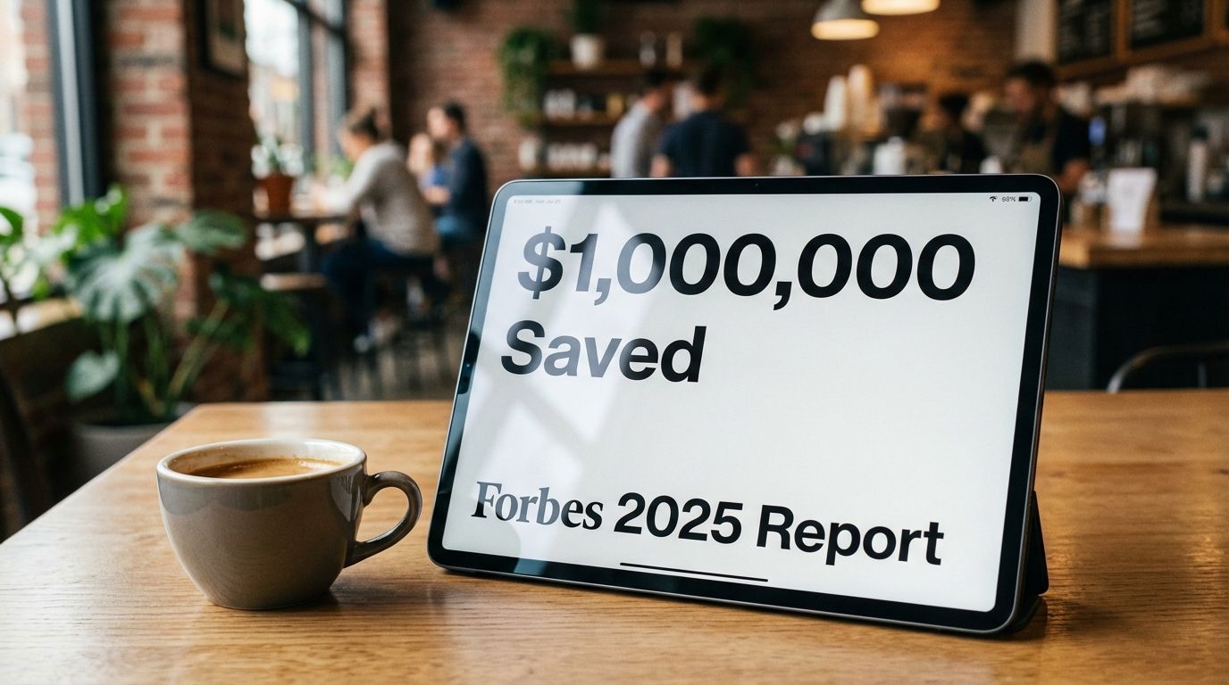 A tablet screen displaying a business statistic about saving one million dollars. A tablet screen displaying a business statistic about saving one million dollars.