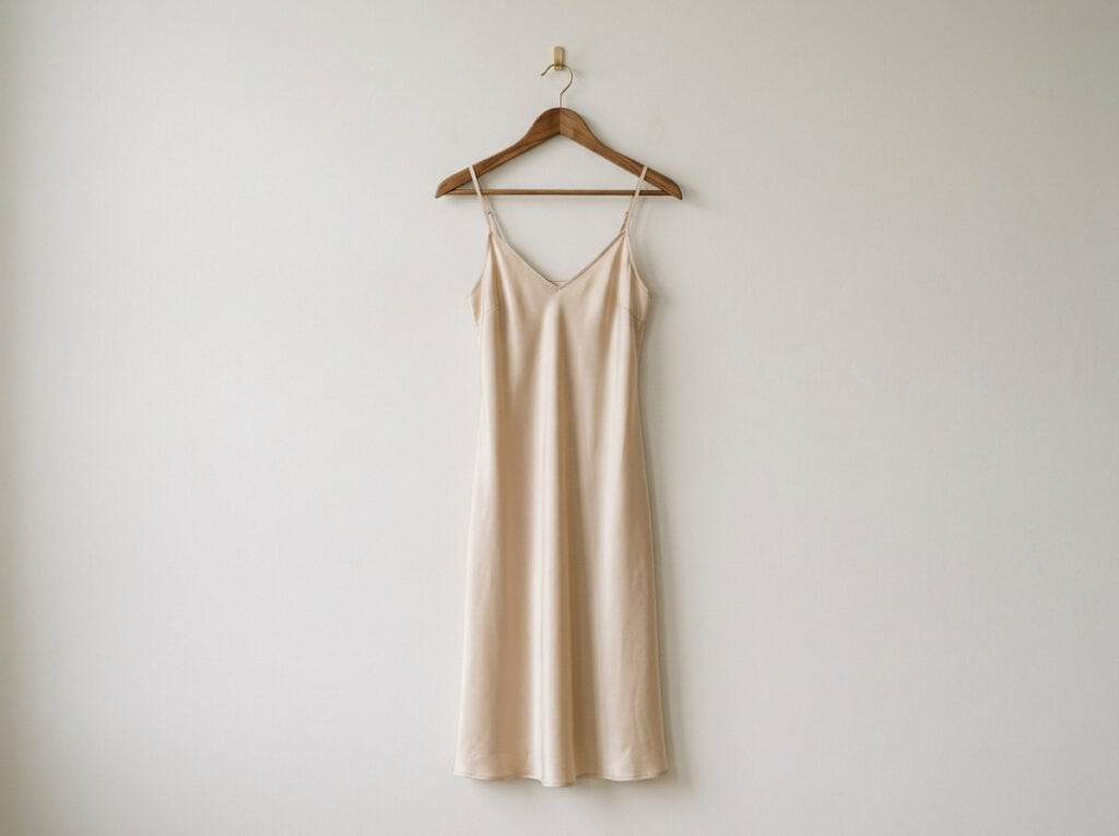 Elegant satin nightdress with spaghetti straps, perfect for a shy girlfriend. Soft, comfortable, and discreet lingerie option that enhances confidence and comfort.