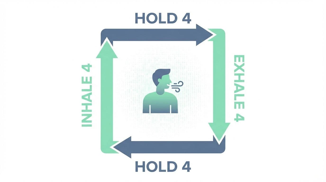An infographic illustrating the 4-step Box Breathing technique. Illustration of a man practicing mindful breathing for stress reduction and mental clarity, perfect for men's health and self-improvement content on Unfinished Man.