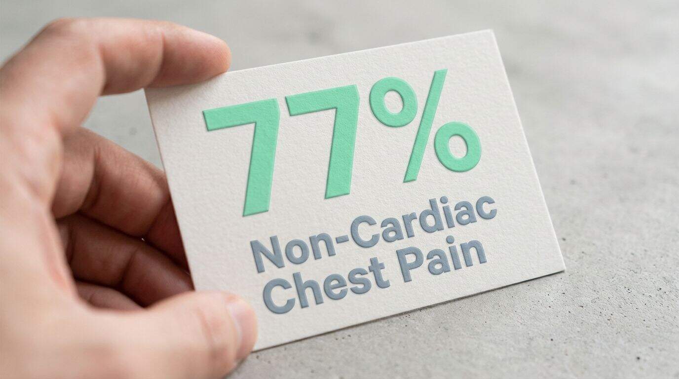 A data graphic displaying 77% of patients with non-cardiac chest pain. Alt text: Hand holding a card showing "77% Non-Cardiac Chest Pain" highlighting statistics about chest pain causes.