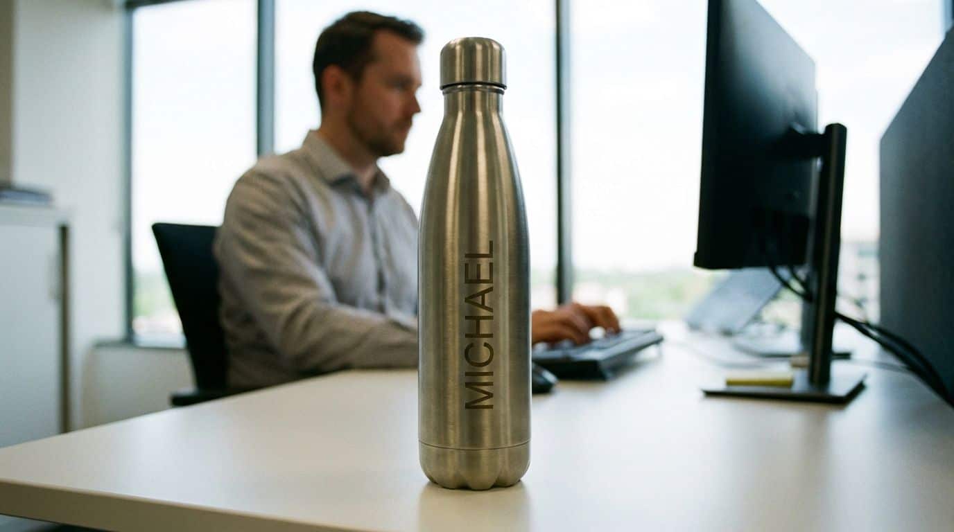 A personalized metal water bottle on an office desk with a worker in the background. Personalized stainless steel water bottle with "Michael" engraving for office, fitness, or everyday use, blending style and hydration.