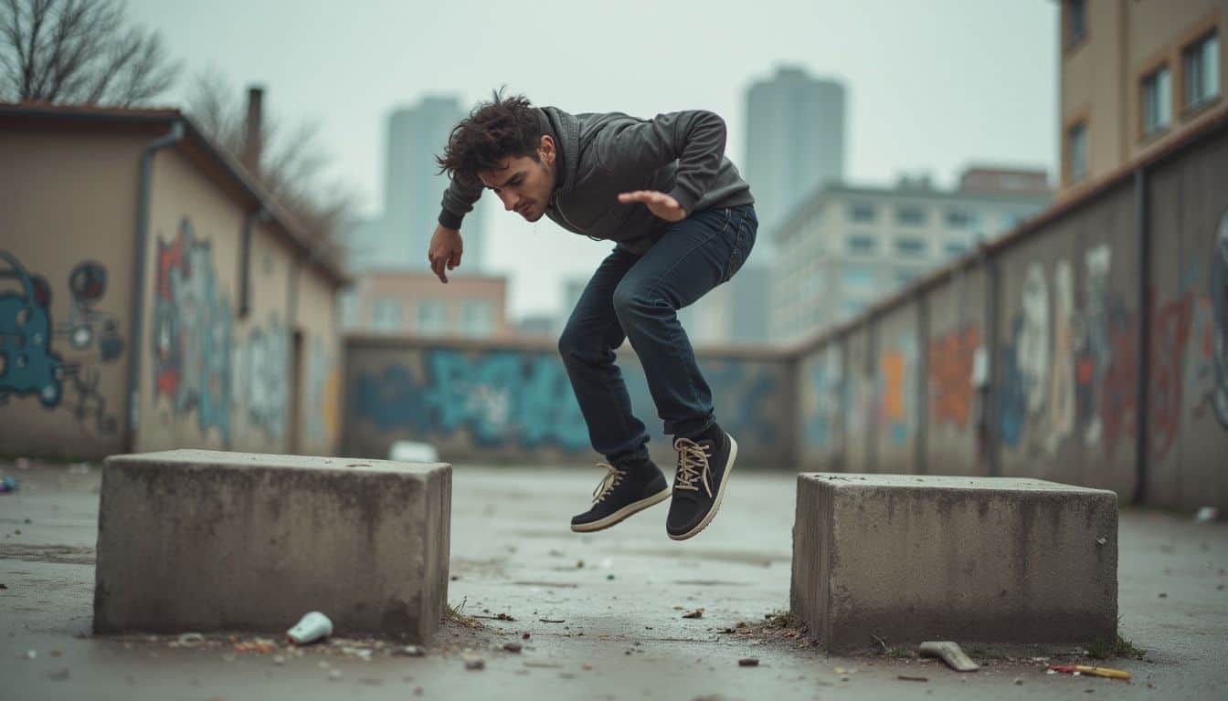 A casual guy in his 30s attempts parkour moves between concrete blocks in a typical urban setting. A casual guy in his 30s attempts parkour moves between concrete blocks in a typical urban setting.