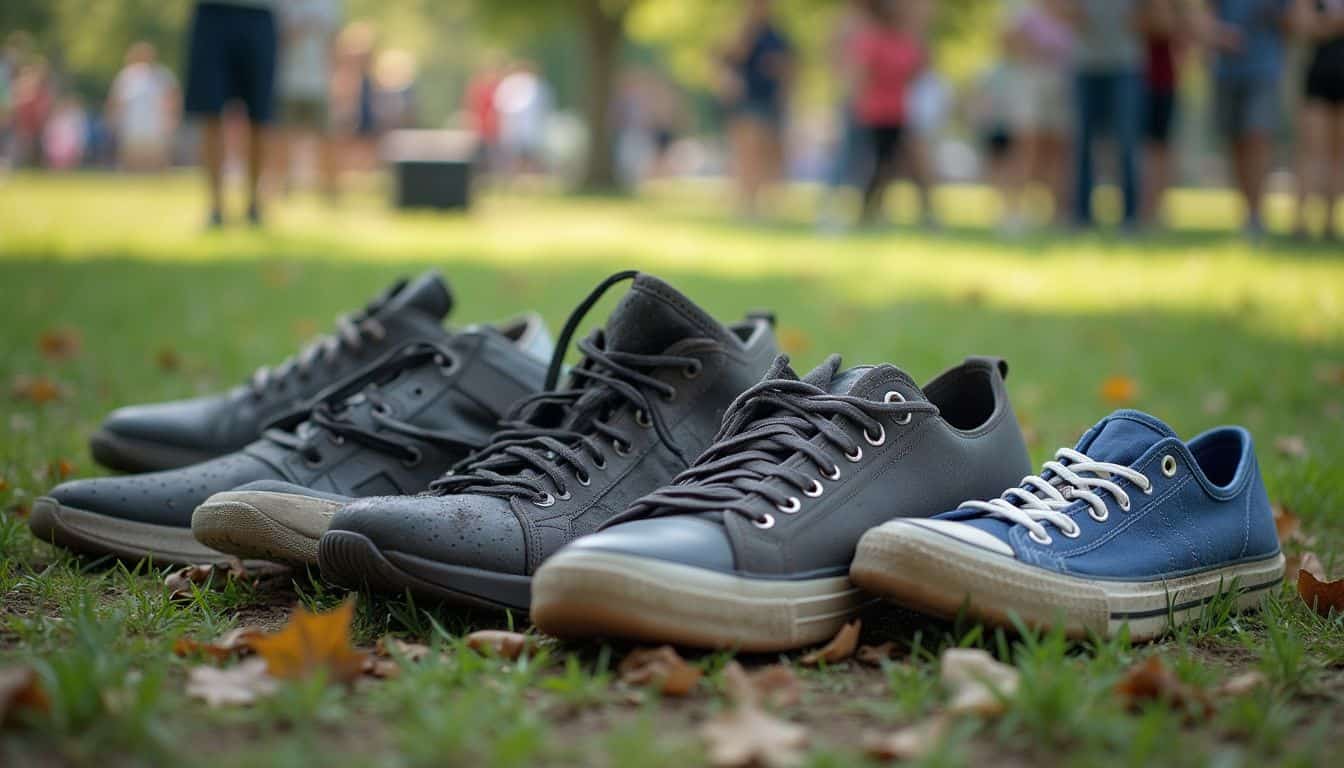A casual collection of various shoes scattered on the ground in a busy neighborhood park. A casual collection of various shoes scattered on the ground in a busy neighborhood park.