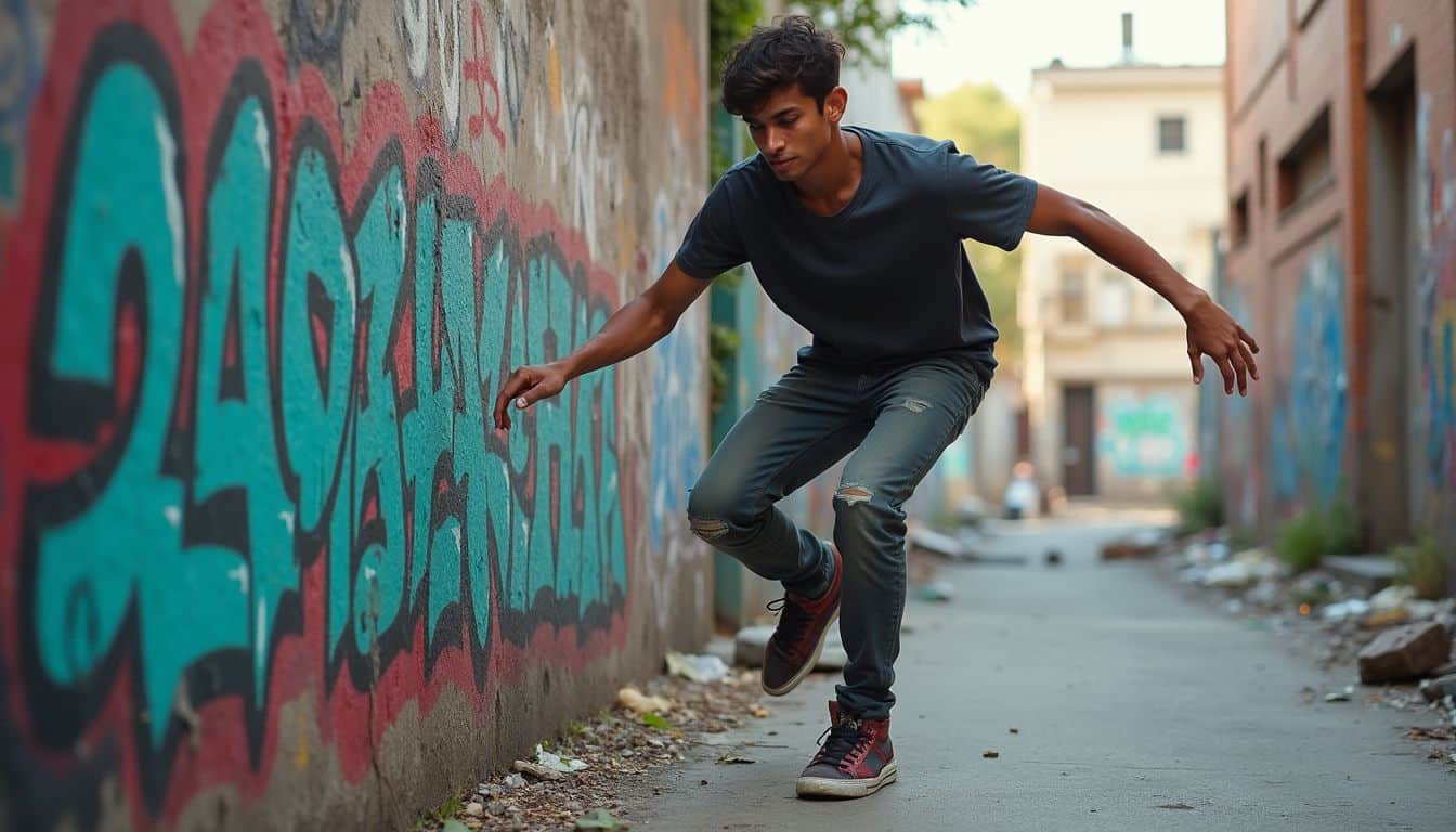 A young man practices parkour against a graffiti-covered wall in a gritty urban neighborhood. A young man practices parkour against a graffiti-covered wall in a gritty urban neighborhood.