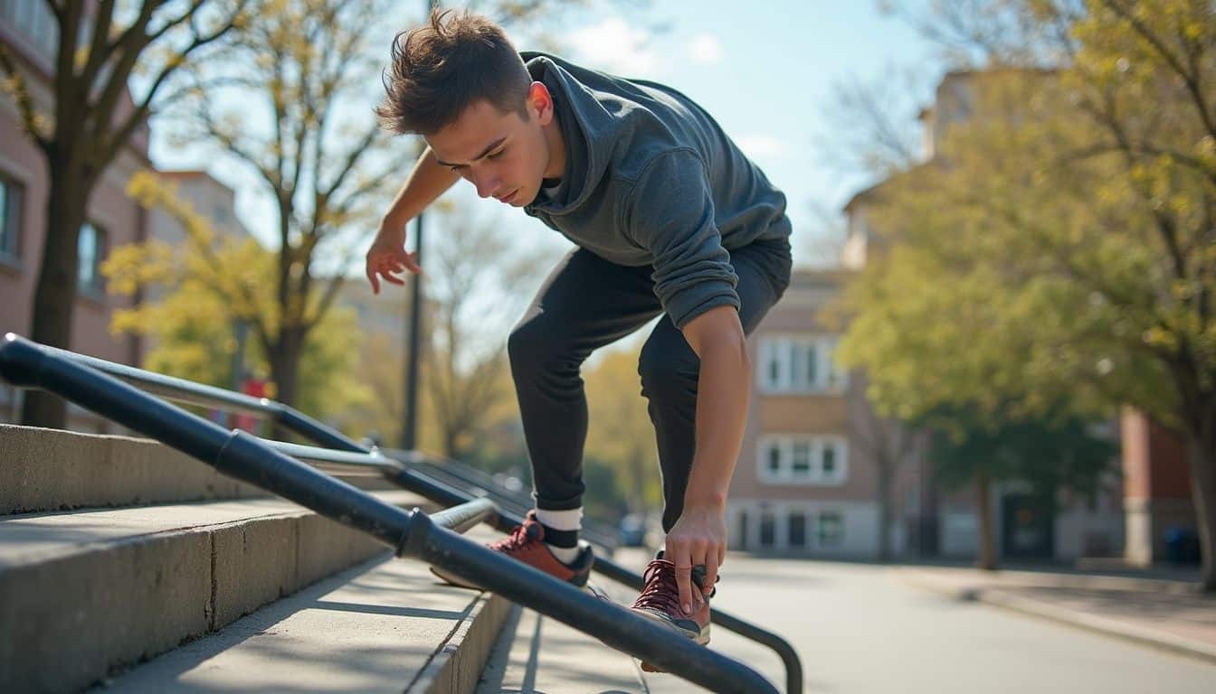 A young man practices parkour on playground equipment in a casual urban setting, blending fitness with everyday life. A young man practices parkour on playground equipment in a casual urban setting, blending fitness with everyday life.