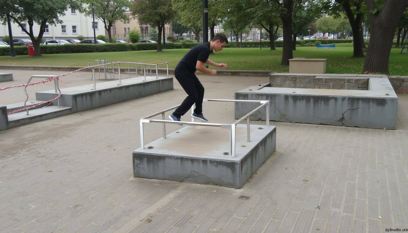 A person captures an everyday parkour moment in an urban park with worn railings and a small gym area nearby. A person captures an everyday parkour moment in an urban park with worn railings and a small gym area nearby.