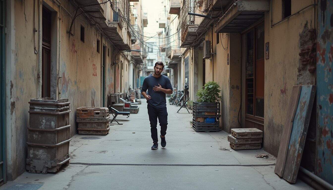 The image depicts a worn city alley featuring a parkour area and a small gym corner with scattered equipment. The image depicts a worn city alley featuring a parkour area and a small gym corner with scattered equipment.