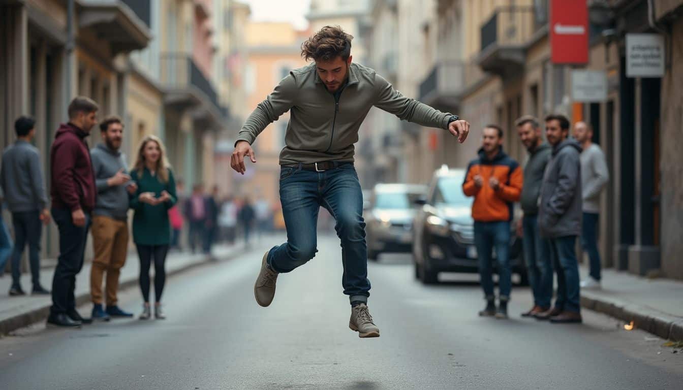 A regular guy in his 30s performs a parkour jump while friends cheer him on in an urban setting. A regular guy in his 30s performs a parkour jump while friends cheer him on in an urban setting.