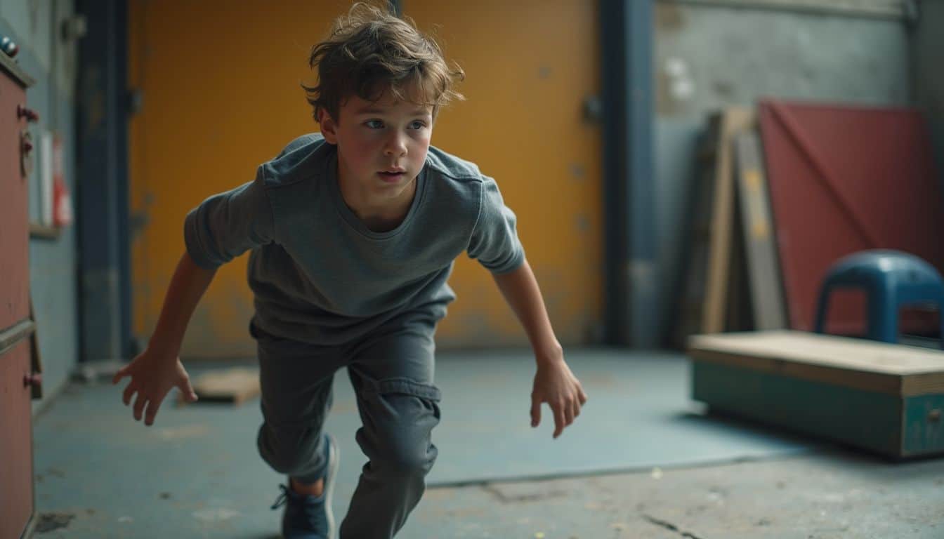 A teenage boy enjoys casually navigating a parkour course at a neighborhood gym, appearing focused and relaxed. A teenage boy enjoys casually navigating a parkour course at a neighborhood gym, appearing focused and relaxed.