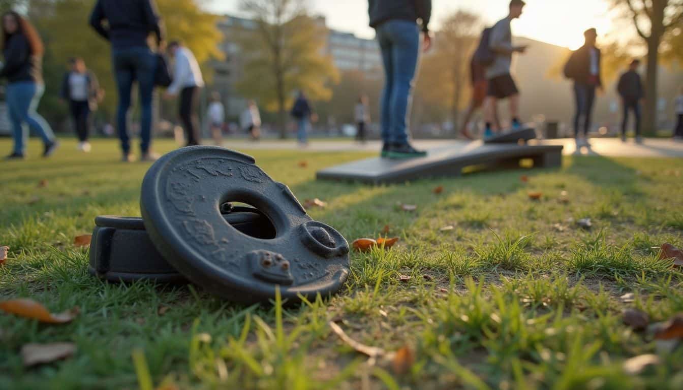 A casual park scene features well-used parkour gear amidst grass, leaves, and people chatting or moving naturally. A casual park scene features well-used parkour gear amidst grass, leaves, and people chatting or moving naturally.