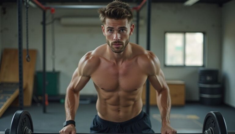 V-shaped muscular male fitness enthusiast lifting weights in gym, showing defined abs and chest, emphasizing strength and physique.