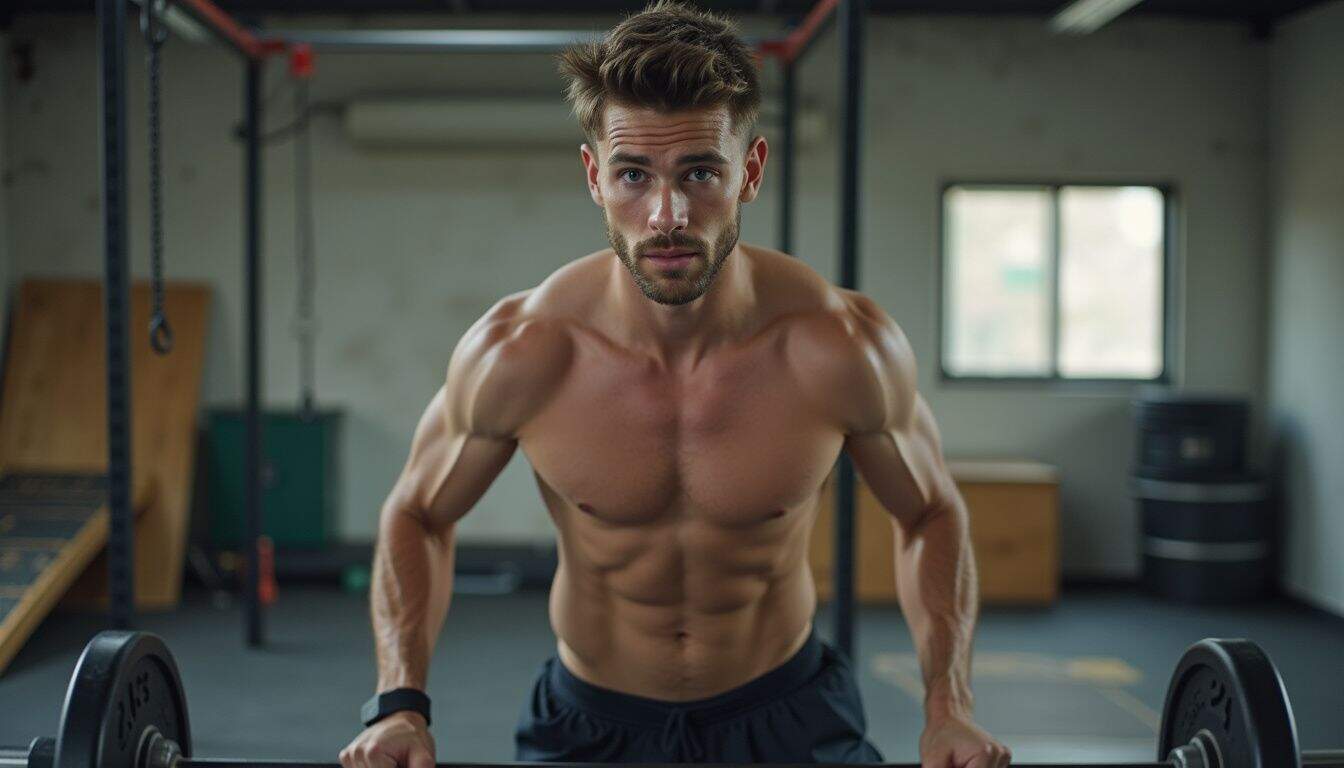 A young man practices parkour and lifts weights in a cluttered, well-used gym. A young man practices parkour and lifts weights in a cluttered, well-used gym.