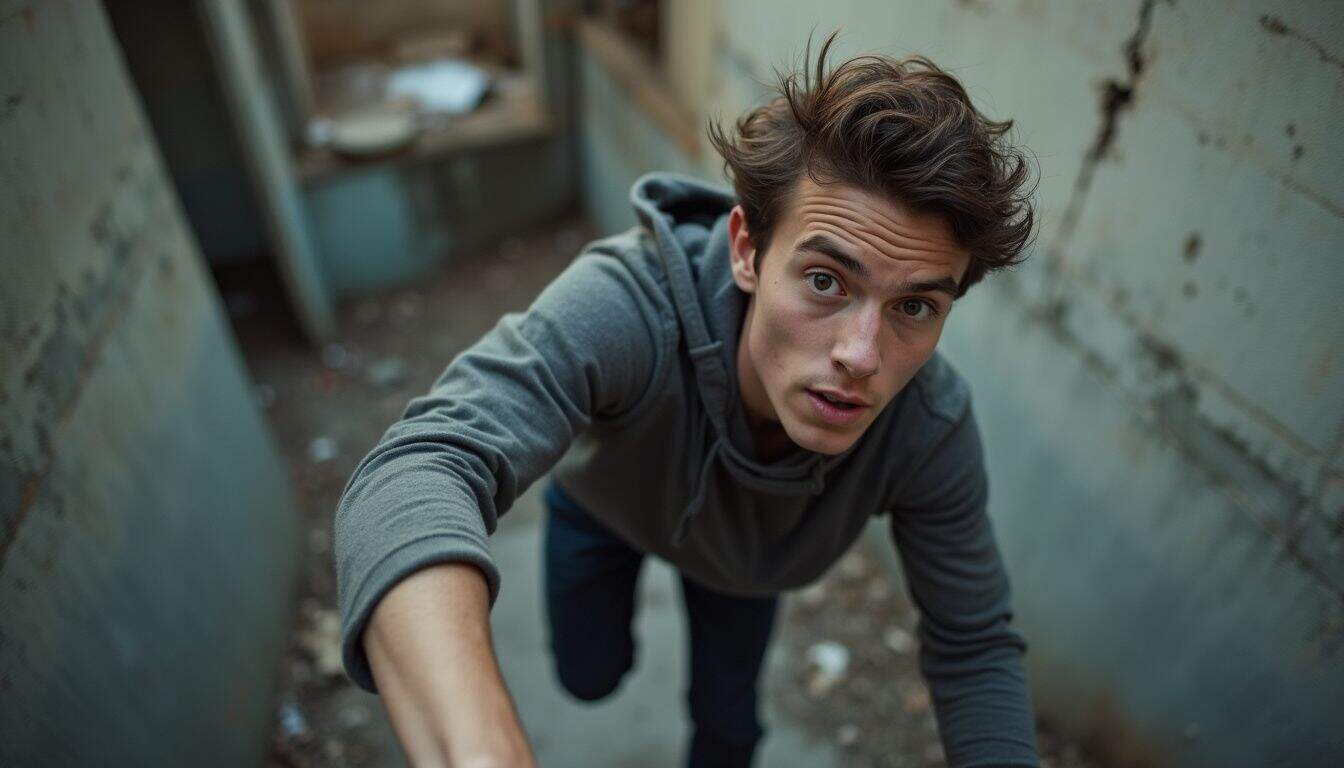 A young man navigates a rough urban parkour course, showing determination and focus in a casual, unposed moment. A young man navigates a rough urban parkour course, showing determination and focus in a casual, unposed moment.