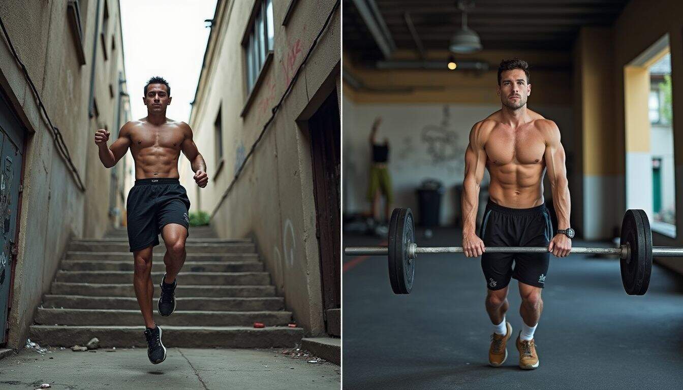 The image captures two individuals exercising in everyday settings: one jumping in an alley and the other lifting weights in a gym. The image captures two individuals exercising in everyday settings: one jumping in an alley and the other lifting weights in a gym.
