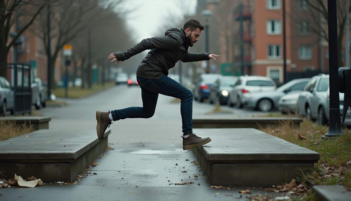 A man in his 30s attempts to jump between concrete ledges in an urban, unpolished environment. A man in his 30s attempts to jump between concrete ledges in an urban, unpolished environment.