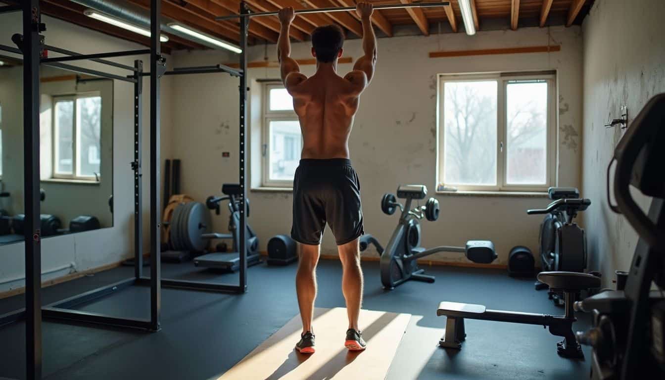 A person is casually working out in a cluttered gym filled with various exercise equipment. A person is casually working out in a cluttered gym filled with various exercise equipment.