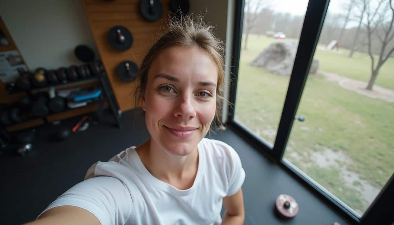 A casual home workout space with dumbbells and parkour obstacles visible outside, capturing everyday life. A casual home workout space with dumbbells and parkour obstacles visible outside, capturing everyday life.