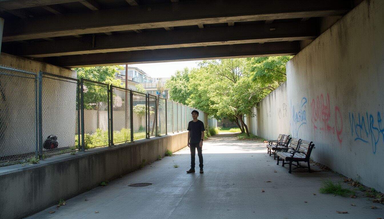 A casual snapshot captures a city parkour spot under a bridge populated by everyday obstacles and a relaxed person. A casual snapshot captures a city parkour spot under a bridge populated by everyday obstacles and a relaxed person.