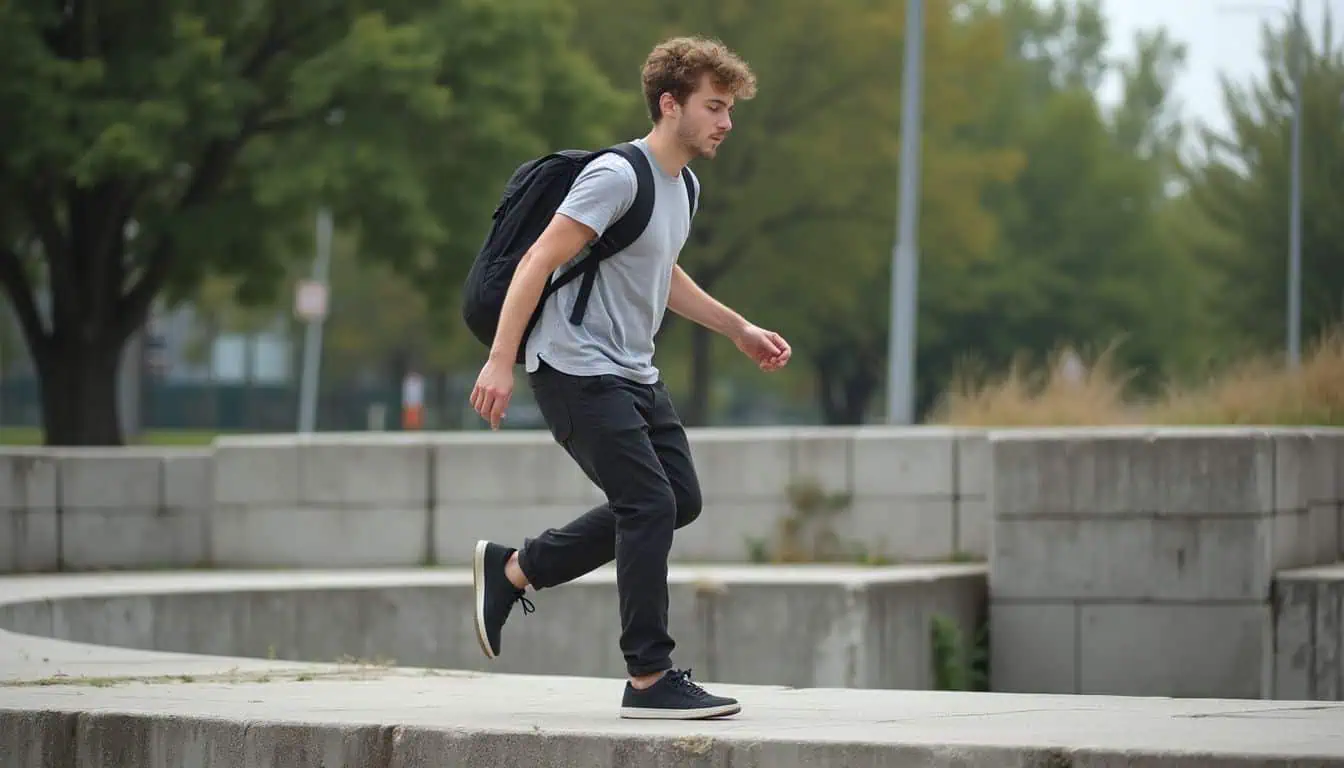 A young man in athletic clothes casually practices parkour in an outdoor spot surrounded by concrete and trees. A young man in athletic clothes casually practices parkour in an outdoor spot surrounded by concrete and trees.