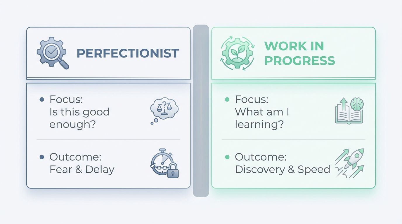 Comparison chart showing the differences between a Perfectionist mindset and a Work in Progress mindset. Comparison chart showing the differences between a Perfectionist mindset and a Work in Progress mindset.