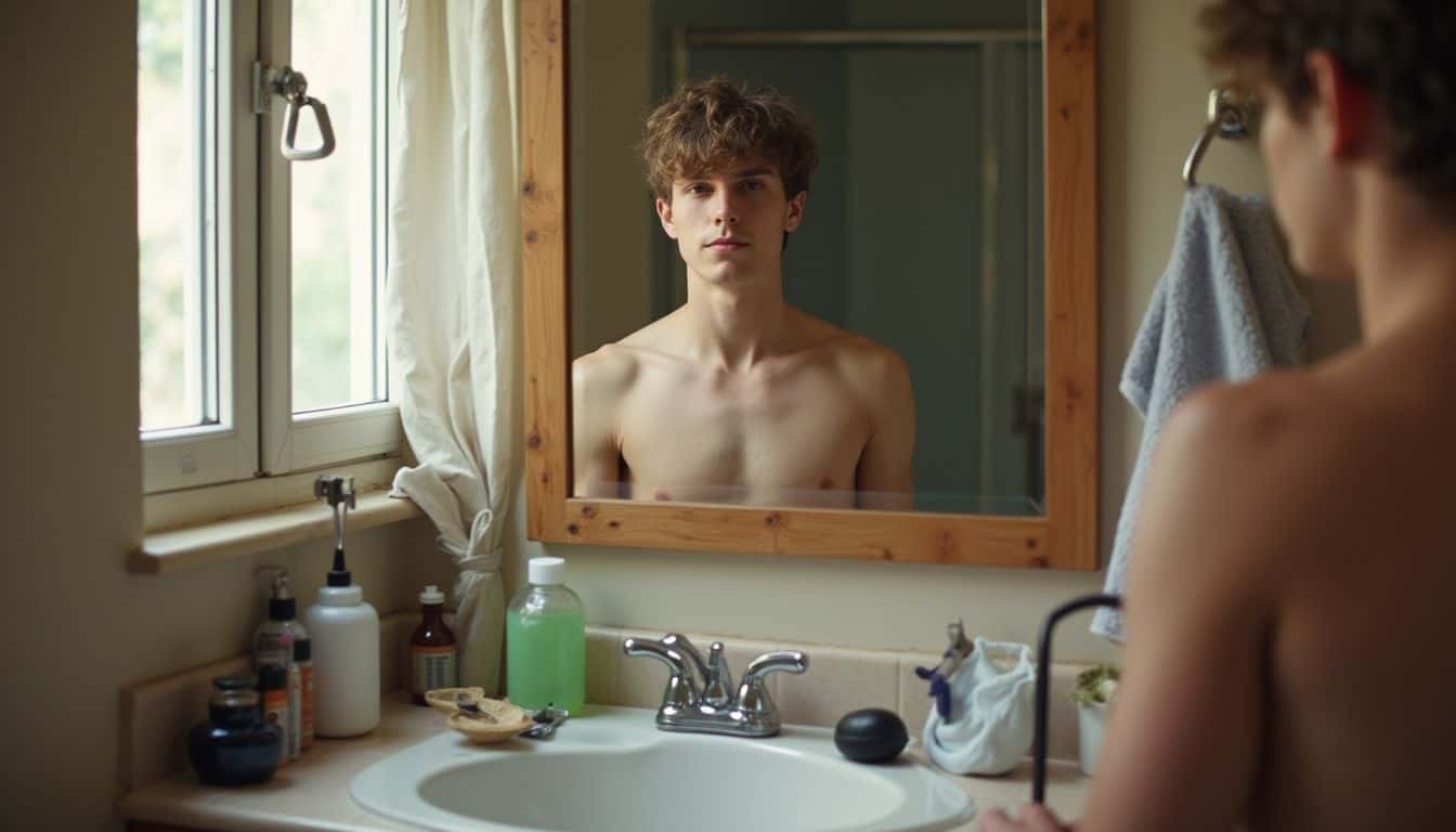 A casual bathroom scene featuring everyday items and a person in a relaxed, unposed moment. pros and cons of female to male transition alignment of physical appearance with gender identity 413001302