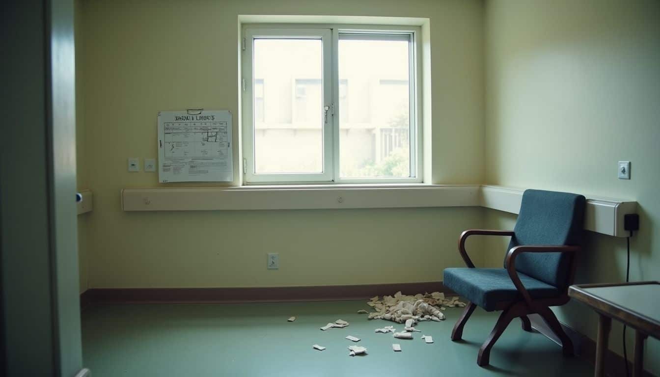 A cluttered hospital room features a worn chair, a calendar with crossed-out weeks, and scattered used bandages. A quiet hospital room with a single blue chair, peeling wallpaper with torn paper on the floor, a window letting in daylight, and a chart on the wall, depicting a clinical and sterile environment.