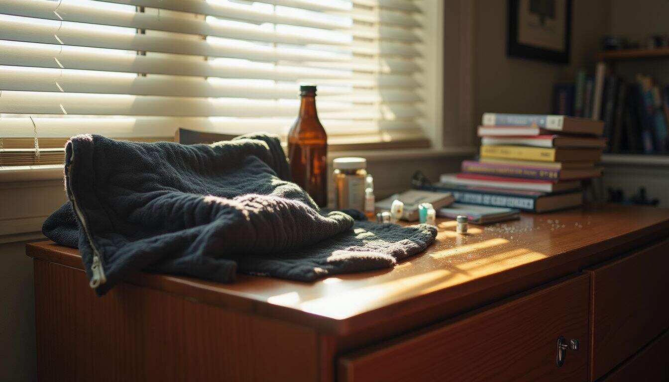 A cluttered dresser displays a chest binder, testosterone vials, and well-used self-help books, reflecting a personal space. A cluttered desk with a pile of clothes, spilled pills, and medicine bottles under warm sunlight, conveying a sense of disorganization and neglect. Perfect for articles about health, lifestyle, or personal organization for men.