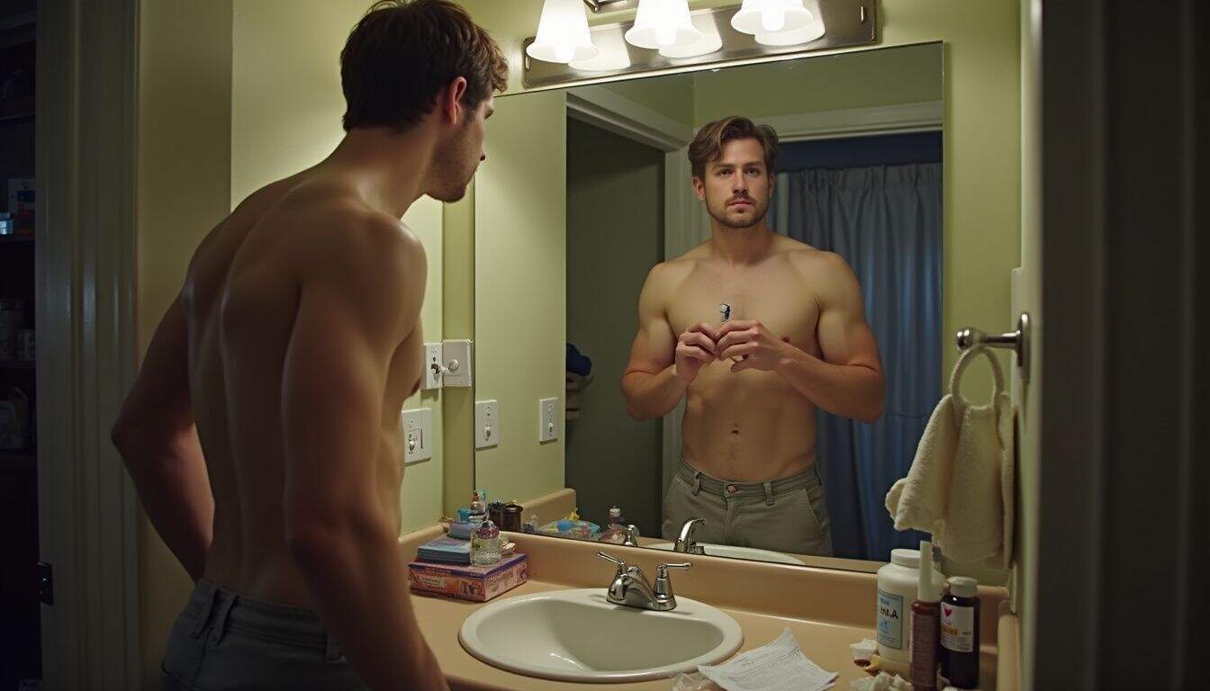 A young man stands in a messy bathroom, holding testosterone gel and looking at himself in the mirror. A shirtless man standing in front of a bathroom mirror, holding a razor, preparing for a grooming session. The bathroom counter has various toiletries, and the lighting highlights his facial features and upper body. This image captures men's grooming habits, self-care routines, and personal hygiene practices, perfect for articles about men's grooming and lifestyle.
