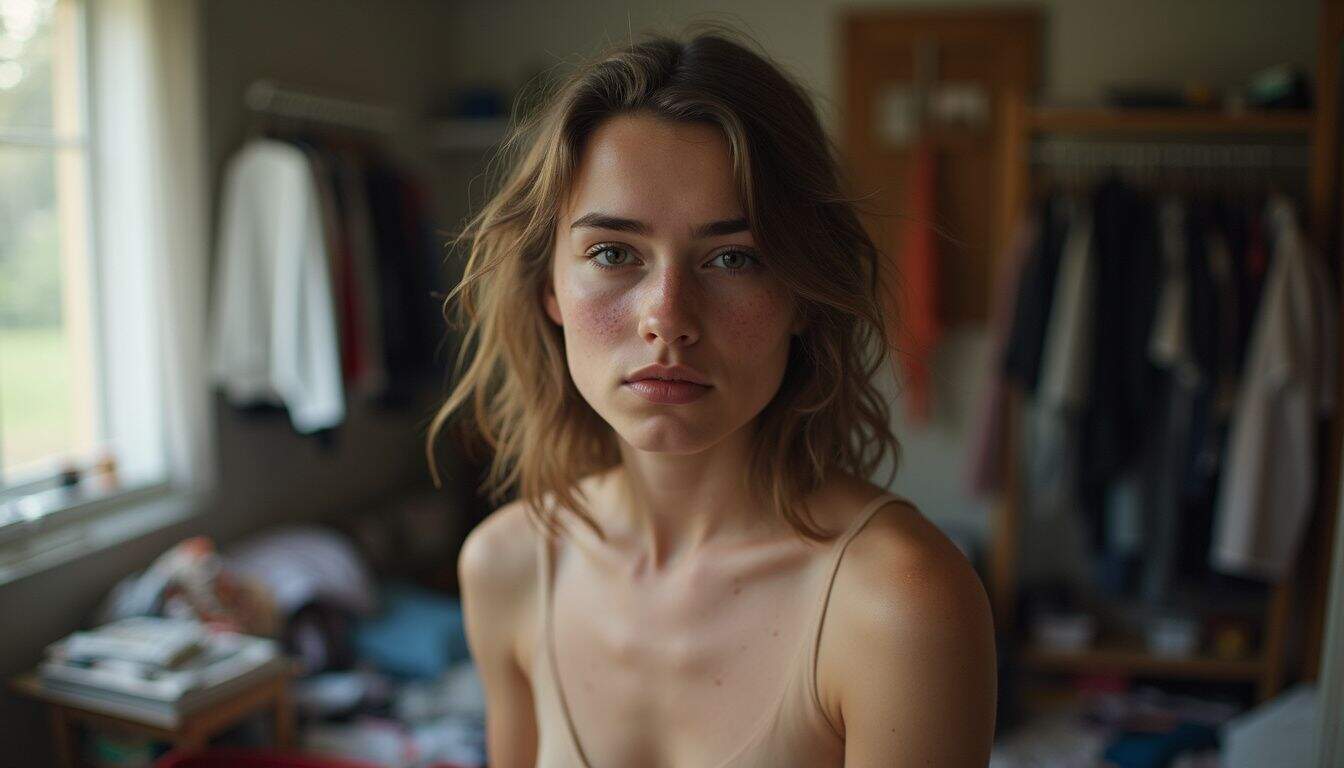 A young person in their 20s stands in a cluttered bedroom, showing a tired, unfiltered expression. Beautiful woman with natural makeup, shoulder-length wavy hair, and fair skin with freckles, in a casual beige spaghetti strap top, sitting in a cozy bedroom with open wardrobe and books, capturing a relaxed and introspective mood for lifestyle content.