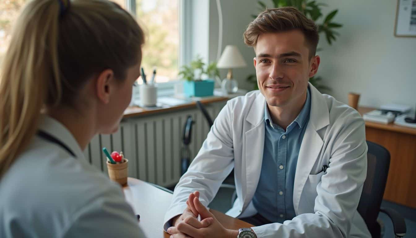 A young trans man engages in a candid conversation about hormone therapy with a friendly medical professional in a doctor's office. Doctor consulting with patient in clinic.