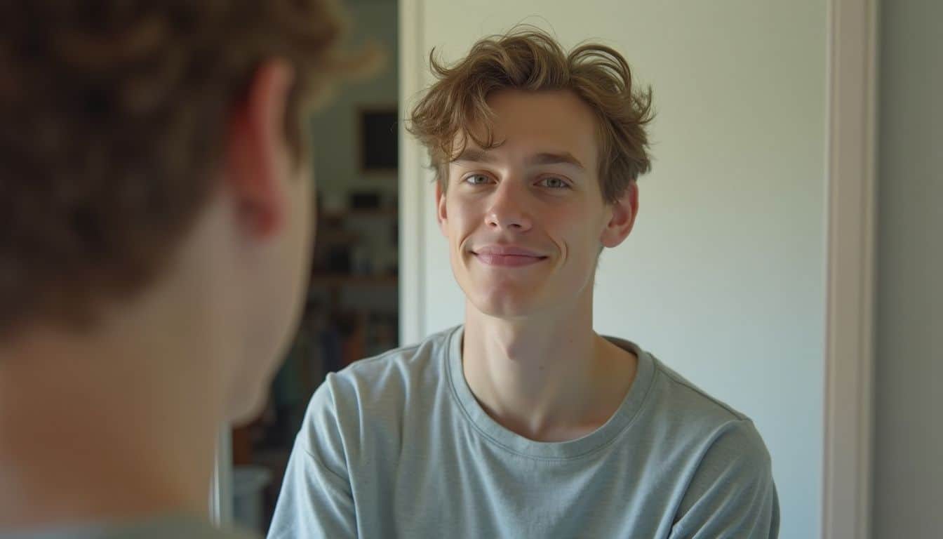 A young transgender man stands casually in front of a mirror in a lived-in room. Smiling young man with casual hairstyle indoors, reflecting confidence and relaxed attitude, ideal for lifestyle and personal development content.
