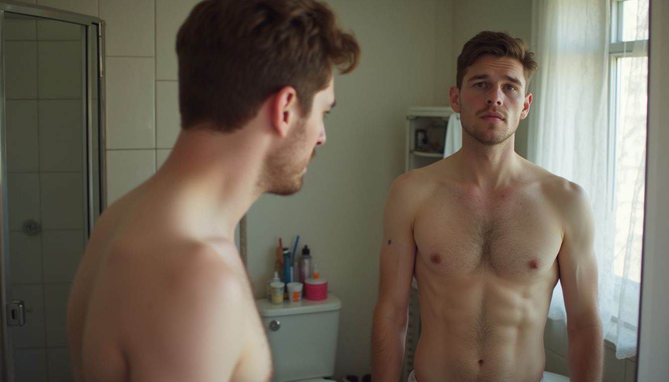 A transgender man reflects on his body post-surgery in a casual bathroom setting, showcasing everyday life. A young man standing shirtless in front of a mirror, examining his physique. The natural light from the window highlights his toned abs and chest, capturing a moment of self-assessment or grooming.