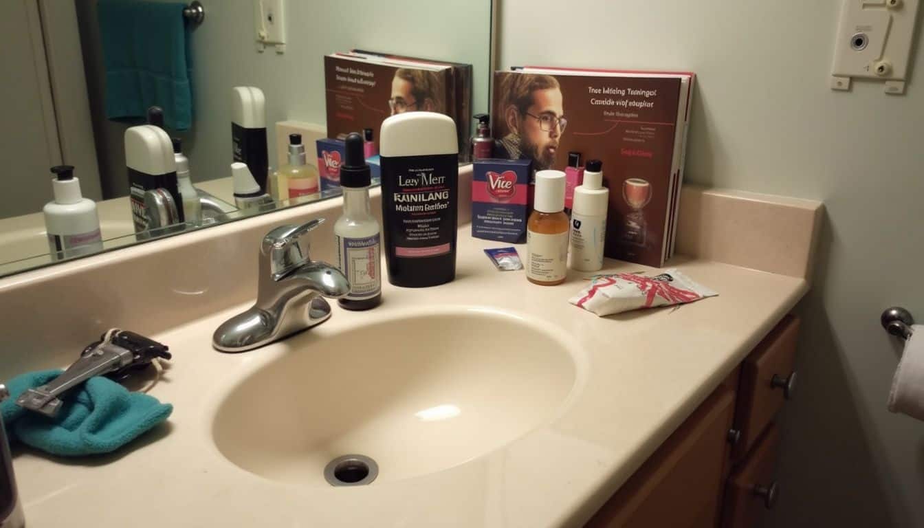 A cluttered bathroom counter showcases everyday facial hair products and voice training books, reflecting personal care routines. A cluttered bathroom sink area featuring grooming products, a mirror, and personal care items on the countertop, highlighting hygiene and men's grooming routines.