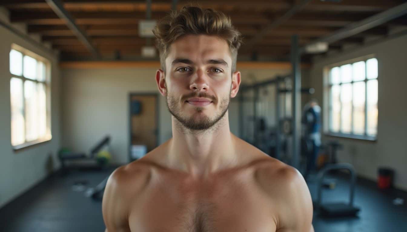 A young man in casual workout clothes stands relaxed in an unrefined gym, embodying a genuine moment of his fitness journey. A fit, confident young man with a relaxed smile, shirtless, standing in a modern gym with natural light. Perfect for fitness, men's health, and lifestyle content focused on strength and confidence.