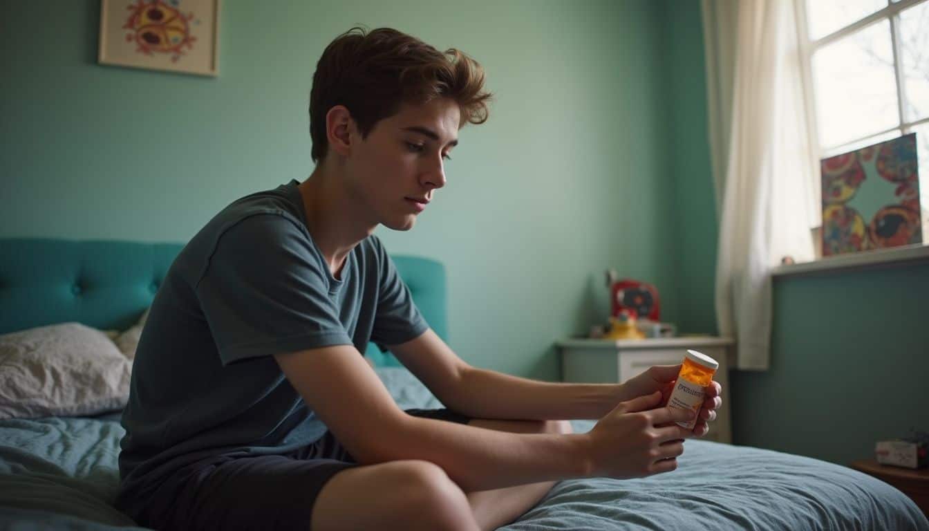 A teenage boy sits on his bed, holding a prescription bottle labeled 'Puberty Blockers' in a cluttered room. Young man holding a pill bottle while sitting on his bed in a brightly lit bedroom with green walls.