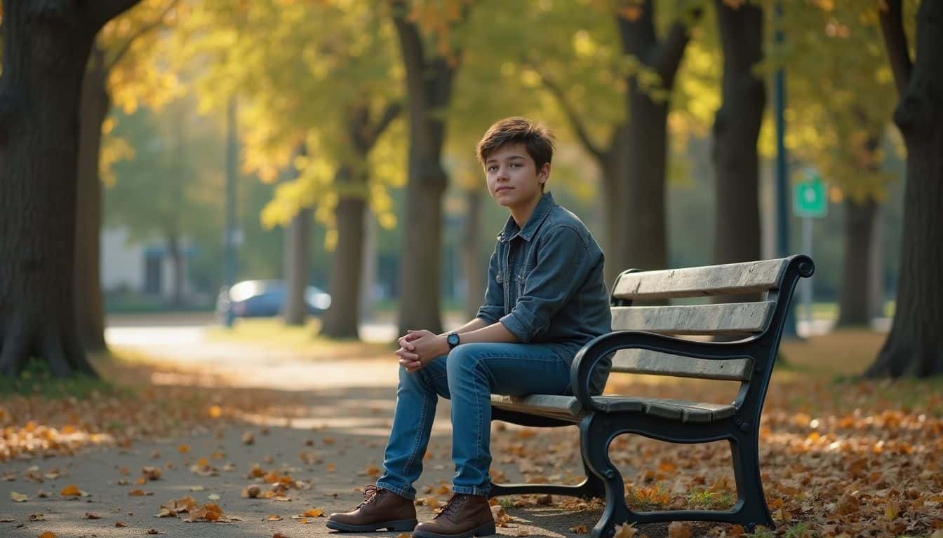 A teen boy sits alone on a worn bench, deep in thought amid a cluttered park setting. pros and cons of female to male transition social and emotional considerations 413001691