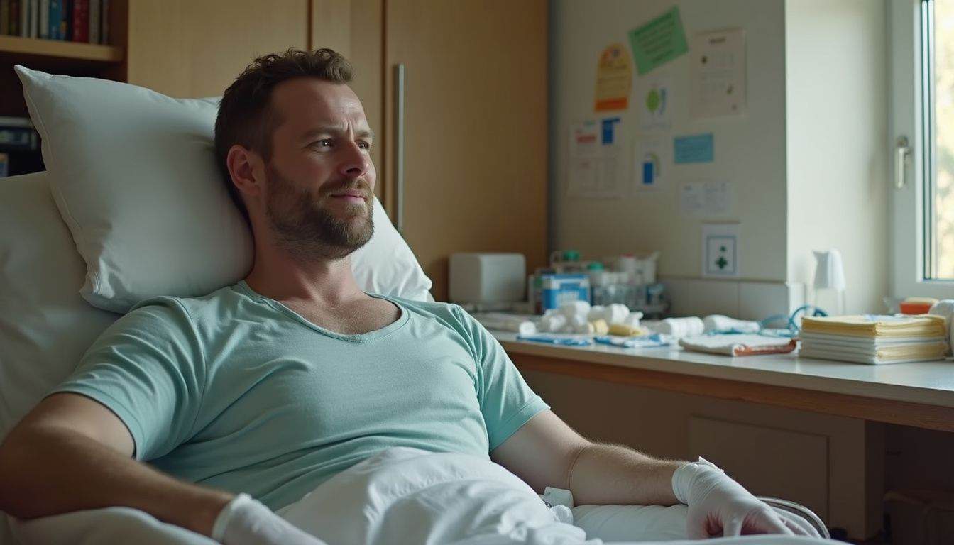 A man in his 30s relaxes at home, recovering from surgery with medical supplies scattered around. A man recovering in a hospital bed after surgery or illness, receiving care and support during his recovery process.