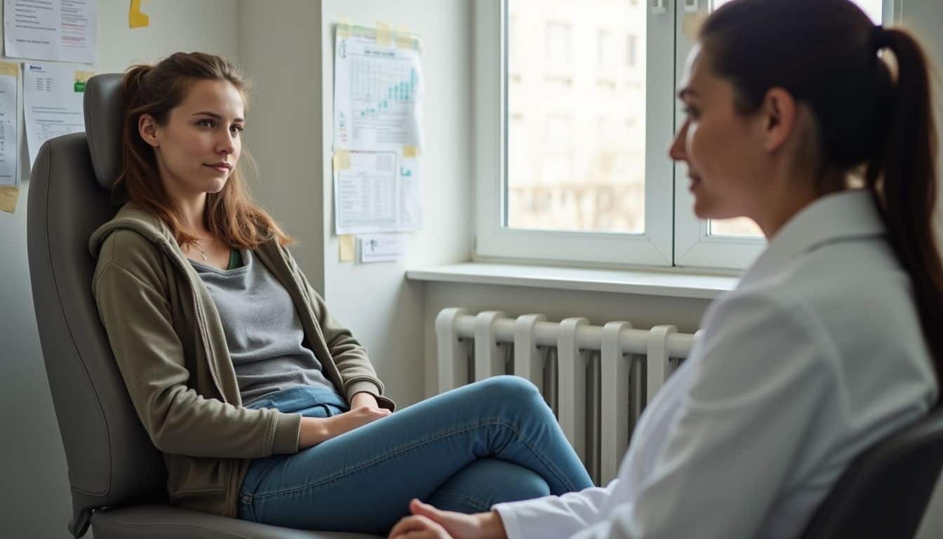 A relaxed individual discusses hormone treatments with an attentive healthcare provider in a casual doctor's office. pros and cons of female to male transition the transition process 413001808