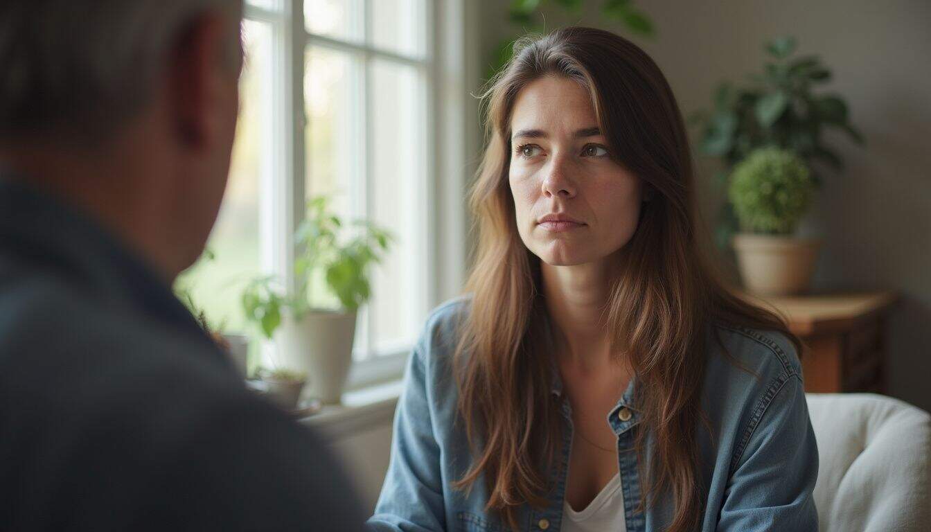 A candid shot of a woman in casual clothes, engaged in a genuine conversation in a lived-in, cluttered room. A woman in a serious conversation with a man, outdoors on a porch, representing conflict resolution and relationship counseling.