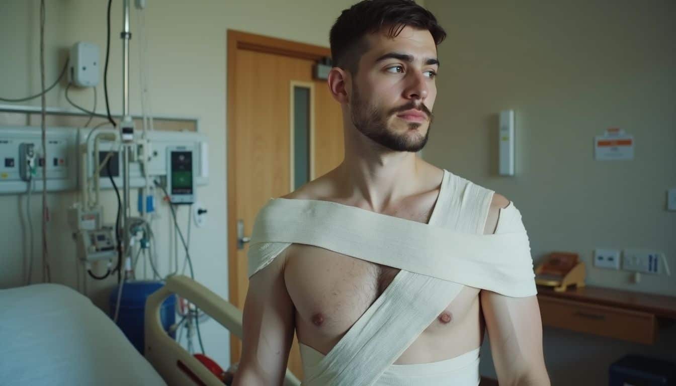 A transmasculine person stands in a hospital room with their chest bandaged after top surgery. High quality photo of a young man with sutures in a hospital room.