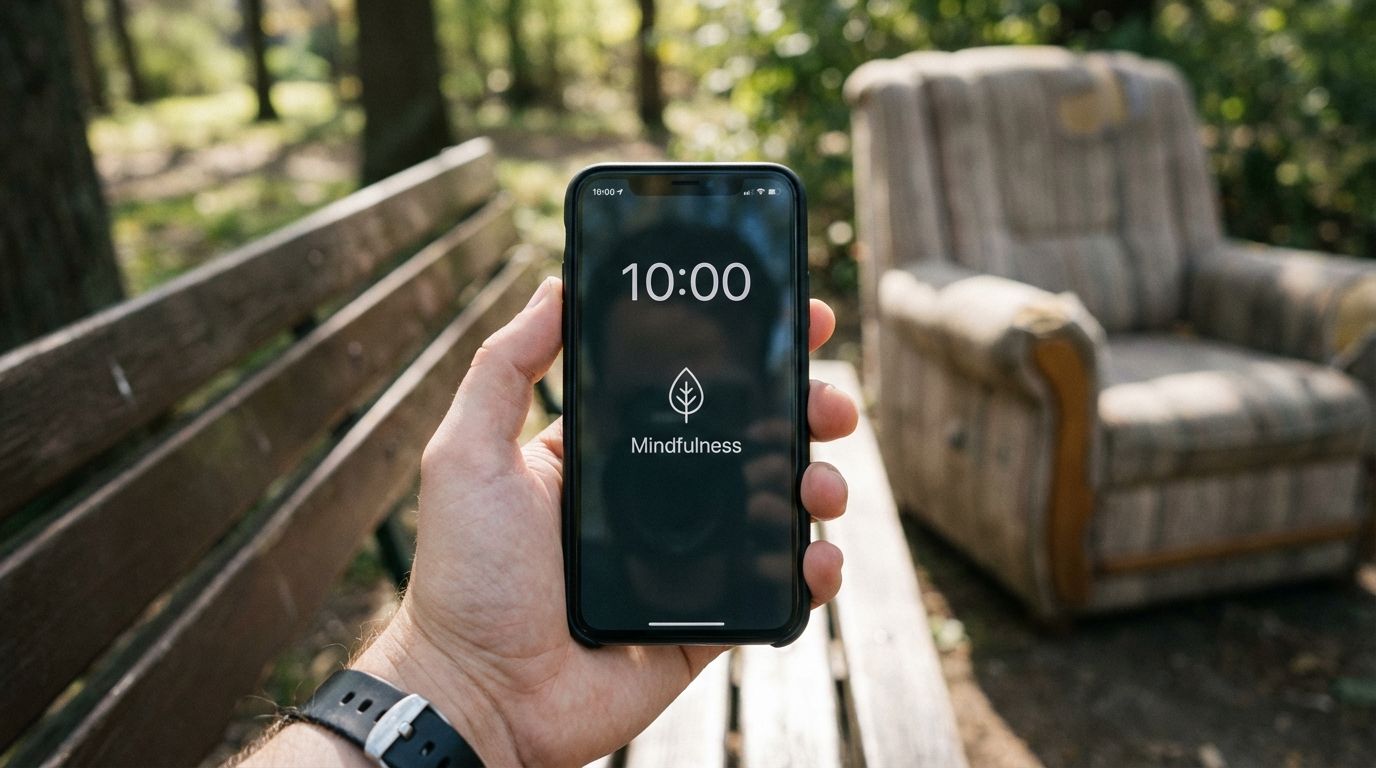 Point of view shot holding a smartphone displaying a mindfulness app timer.