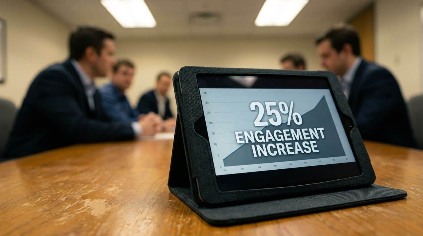A tablet on a meeting table displaying a graph about client engagement increase. High-tech tablet displaying engagement growth.