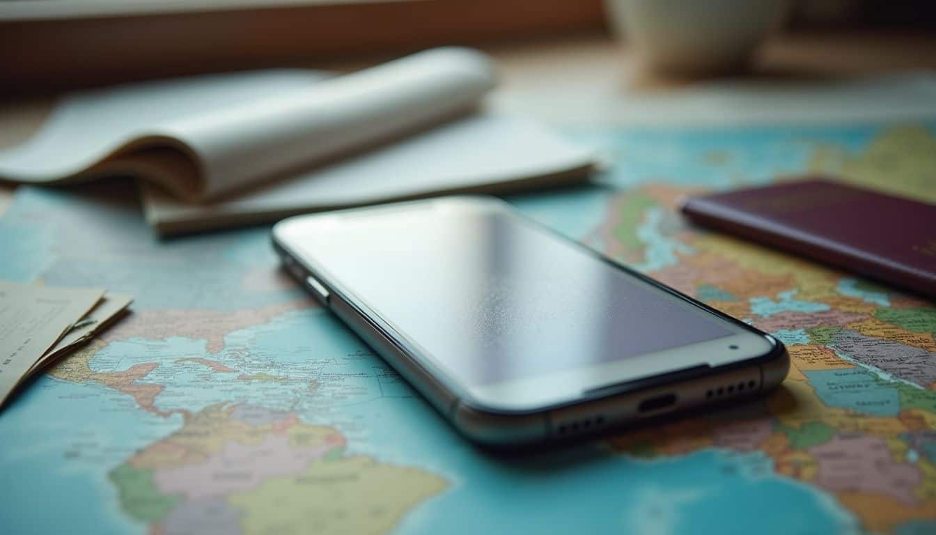 A smartphone displaying a travel planner app is surrounded by passports, tickets, and maps on a cluttered table.