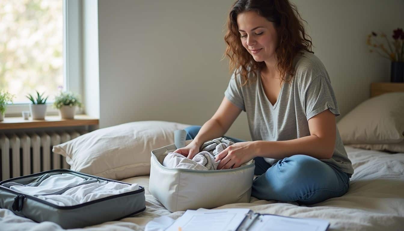 A woman casually packs clothes into cubes on her bed in a cluttered, everyday bedroom.